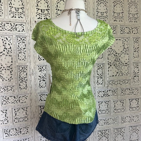 Y2k‎ Dressbarn Bright Kelly Green Crinkle Top With Lace Neckline Sz Medium - Picture 4 of 6